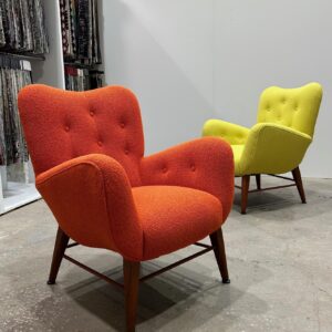 Two restored mid-century armchairs in fabric from Kvadrat