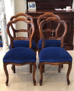 Restoration French polishing & upholstery Victorian balloon back chairs"