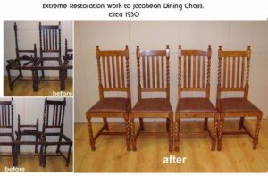 Extreme restoration and repair to 4 x Jacobean dining chairs c1930. "