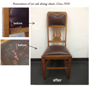 Restoration of 6 antique oak dining chairs c1910"