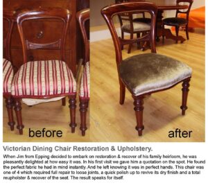 Restoration and reupholstery Victorian dining chairs. "