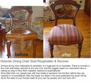 Reupholster and recover Victorian dining chair. "